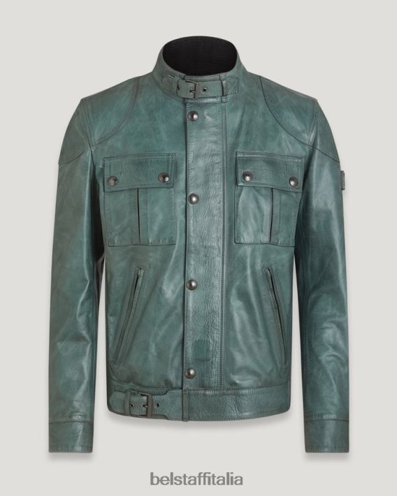 vestiario Belstaff giacca da gangster pelle cerata a mano verde acciaio uomini H2DD6J2