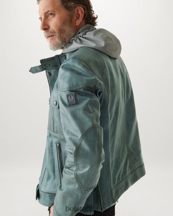 vestiario Belstaff giacca da gangster pelle cerata a mano verde acciaio uomini H2DD6J2