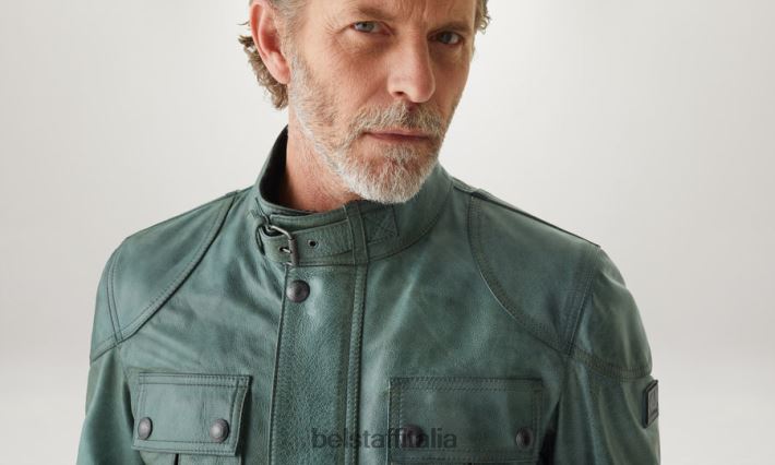 vestiario Belstaff giacca da gangster pelle cerata a mano verde acciaio uomini H2DD6J2