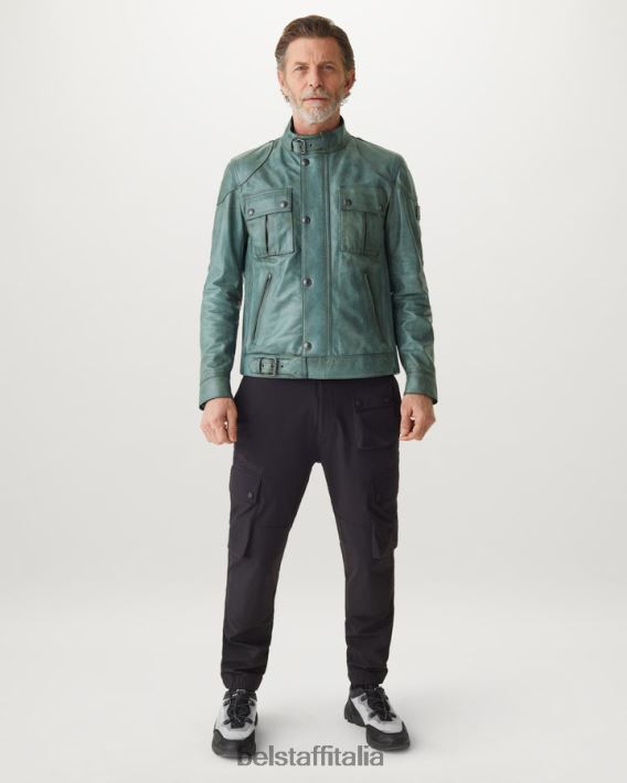 vestiario Belstaff giacca da gangster pelle cerata a mano verde acciaio uomini H2DD6J2