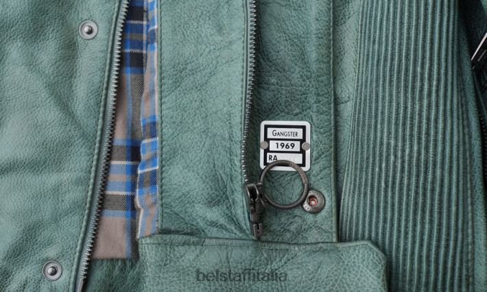 vestiario Belstaff giacca da gangster pelle cerata a mano verde acciaio uomini H2DD6J2